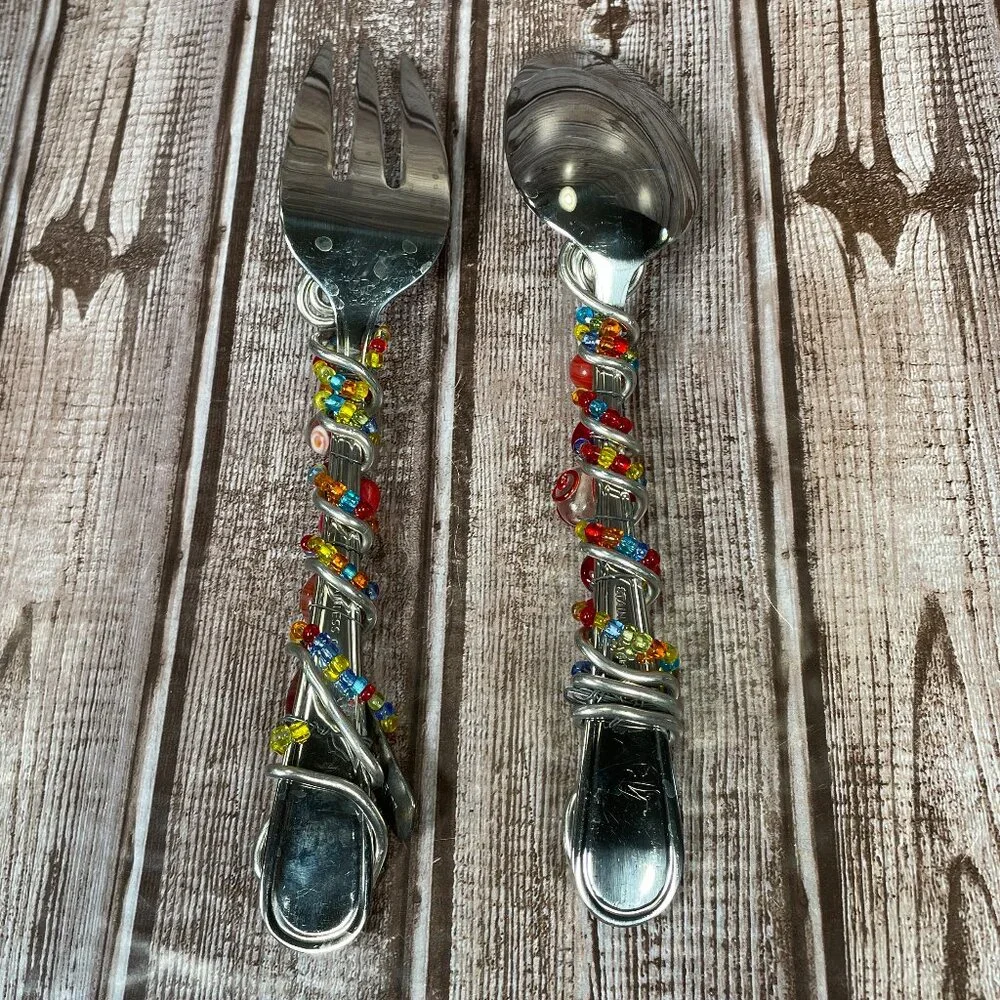 HANDCRAFTED Beaded Artisian Dream Jeweled Serving Spoon & Fork With Glass Stones